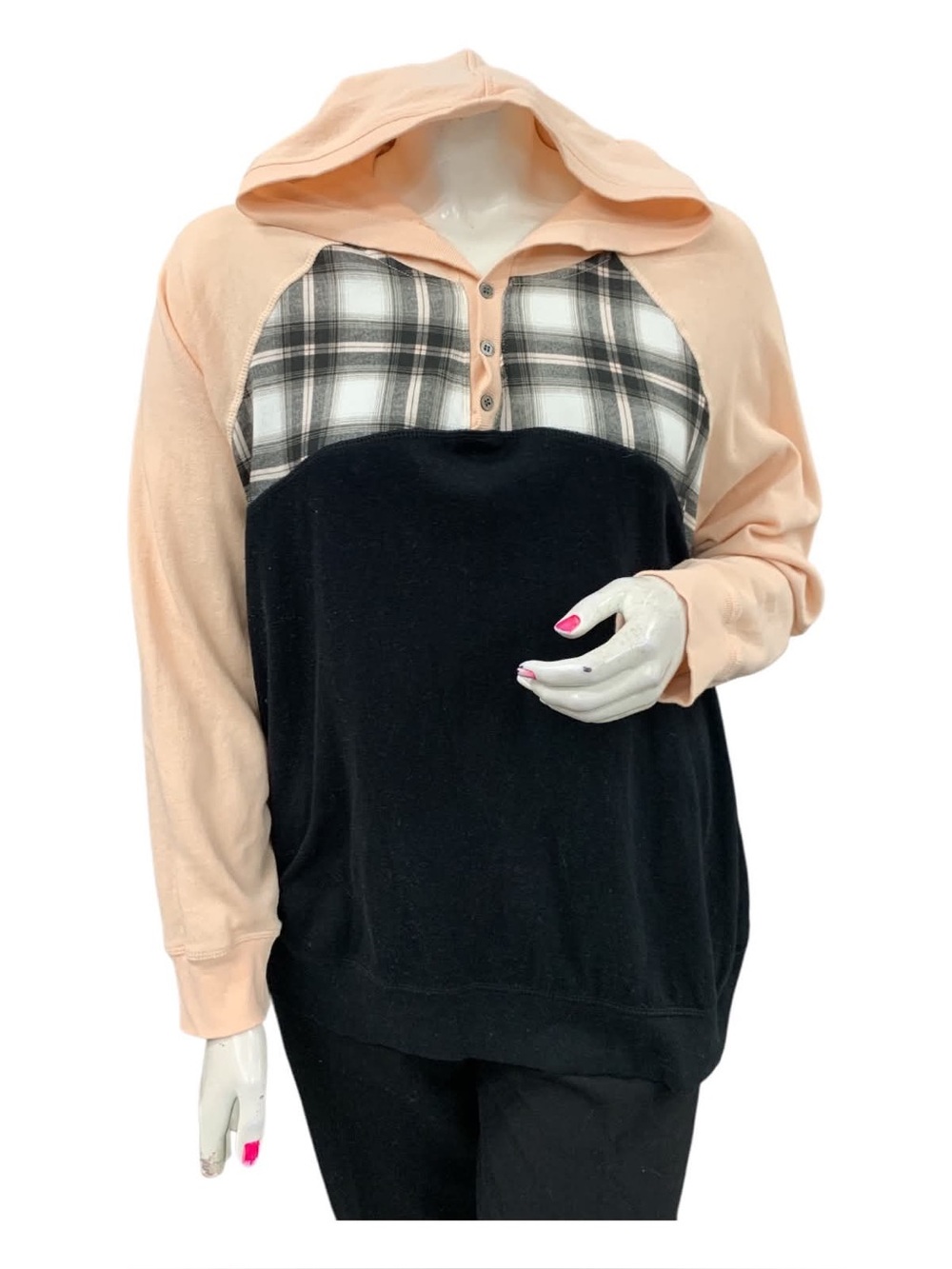 torrid Peach & Black Hooded Pullover with Plaid Yoke Size 3X